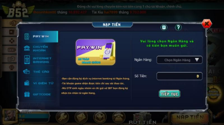 Nạp tiền qua Paywin tiện lợi và an toàn tại cổng game B52club